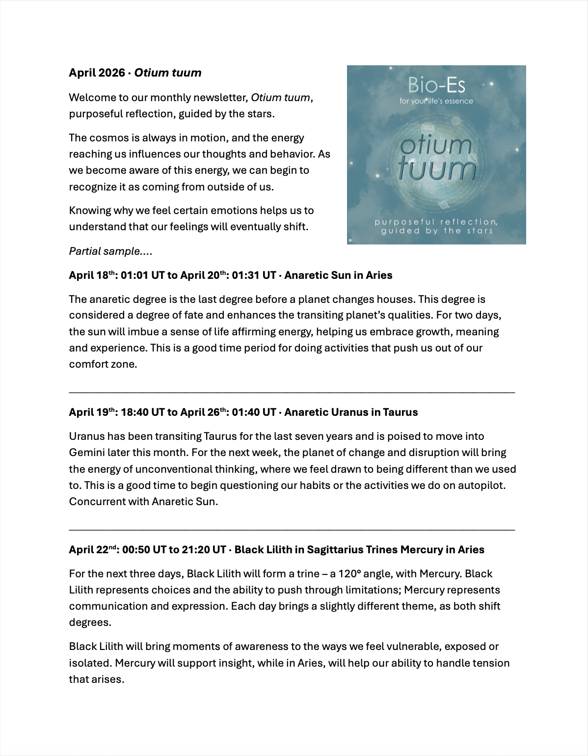 Image featuring Bio-Es Otium Tuum monthly astrology newsletter offering psychological insights into planetary movements, aspects, and ingresses to support reflection, awareness, and connection to cosmic rhythms.