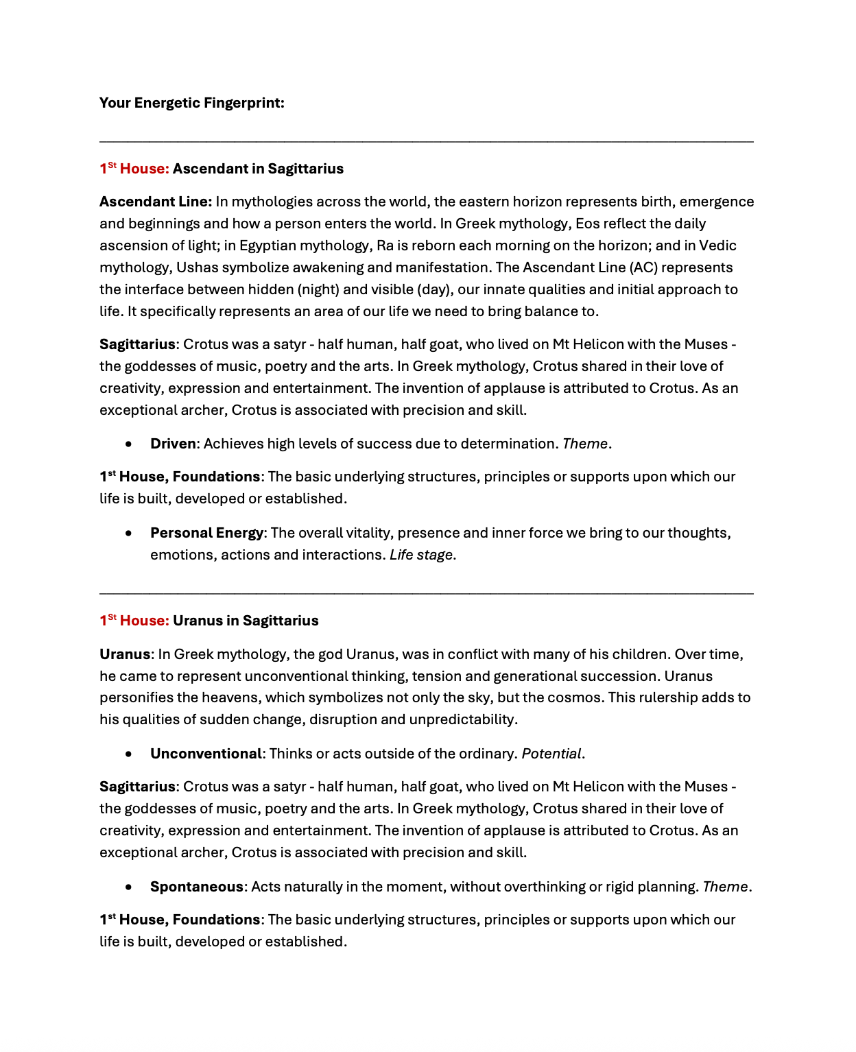Image featuring sample of Bio-Es Energetic Fingerprint personalized PDF astrology report outlining natal chart planetary placements, houses, nodes, Lot of Fortune, Chiron, IC, and MC to reveal unique energetic signature, patterns, and life path insights.