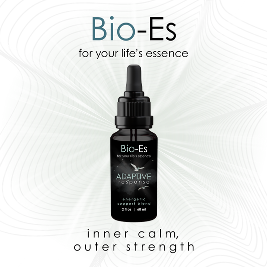 Image featuring Adaptive Response Energetic Support Blend by Bio-Es. "Inner calm, outer strength" with description of a custom energetic essence blend supporting resilience, grounding, adaptability, and nervous system balance during stress and change.