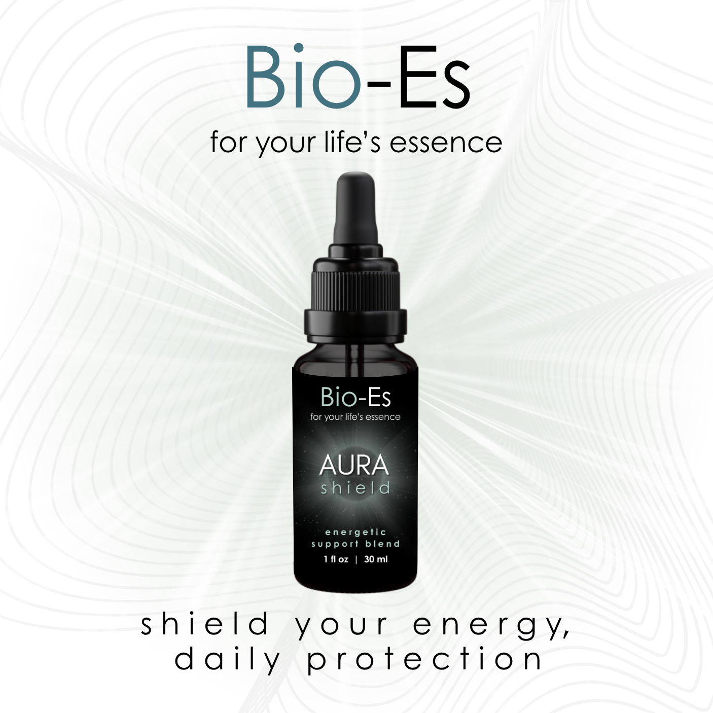 Featuring image of Bio-Es Aura Shield custom essence blend for ages 70 and up, up to 30 essences, designed to support emotional wellbeing, resilience, clarity, and energetic boundaries while promoting calm, balance, and nervous system regulation.