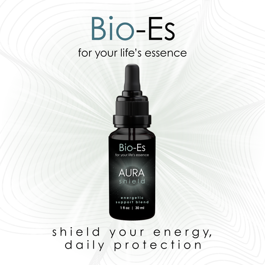 Featuring image of Bio-Es Aura Shield custom essence blend for ages 70 and up, up to 30 essences, designed to support emotional wellbeing, resilience, clarity, and energetic boundaries while promoting calm, balance, and nervous system regulation.